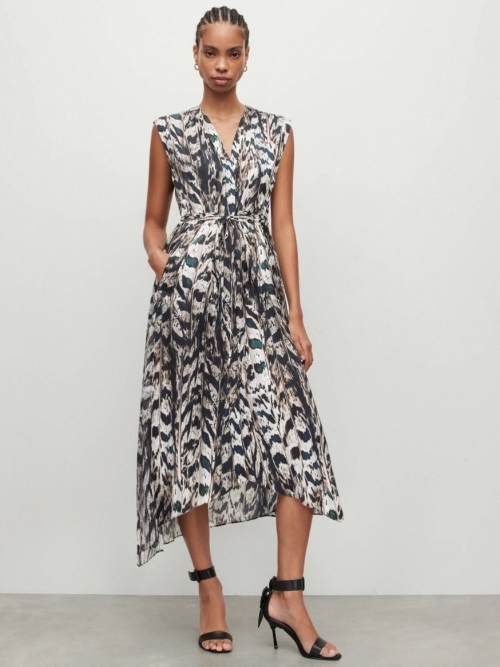 All Saints Tate Midi Sleeveless V-Neck Tie‎ Leopard Animal Pattern Dress Black 4